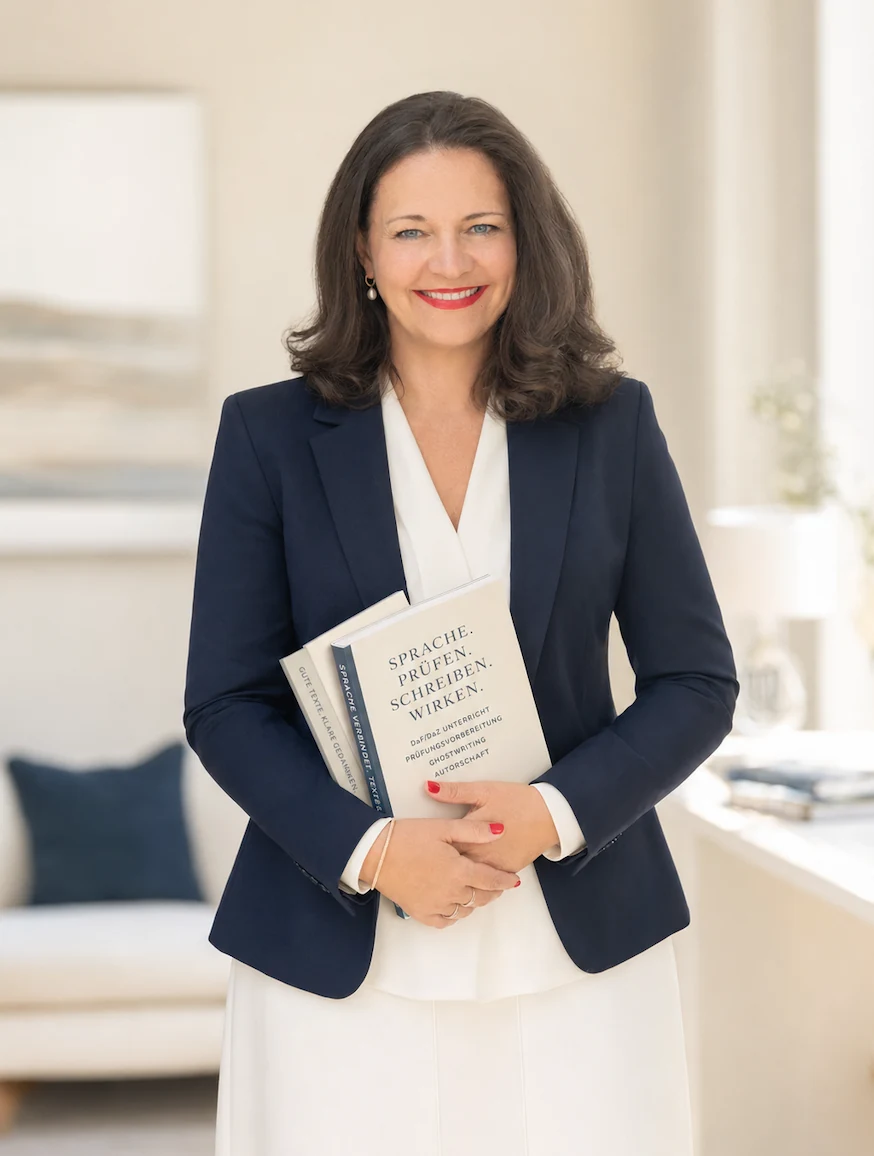 Katharina Varich mit Büchern zu Sprache, Prüfung und Schreiben